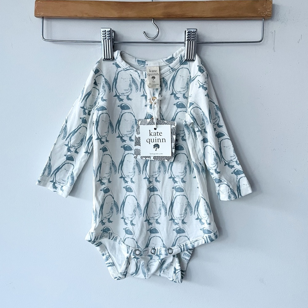 Kate Quinn organic bamboo cotton long sleeve henley bodysuit penguins onesie NWT